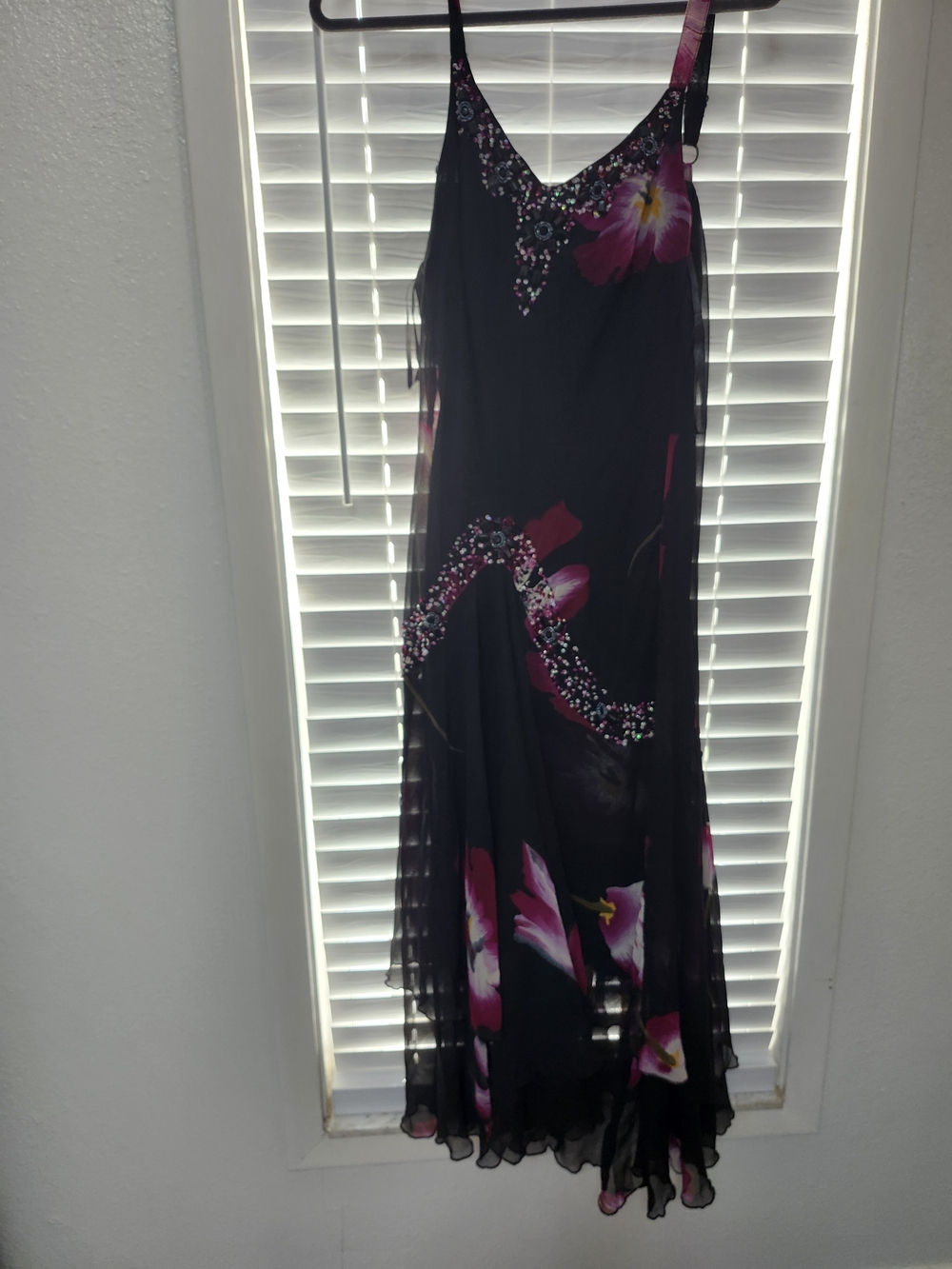 Midnight Velvet Black Slip Dress with Pink Floral Accents